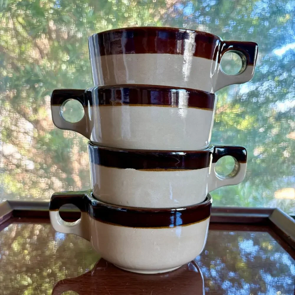Vintage Western Stoneware Maple Leaf Brown Band Soup Mugs, Set of 4